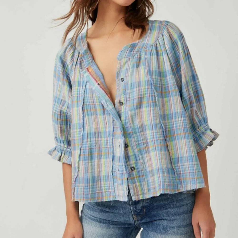 Free People We The Free Blue Lucy Plaid Swing Cotton‎ Button Up Top